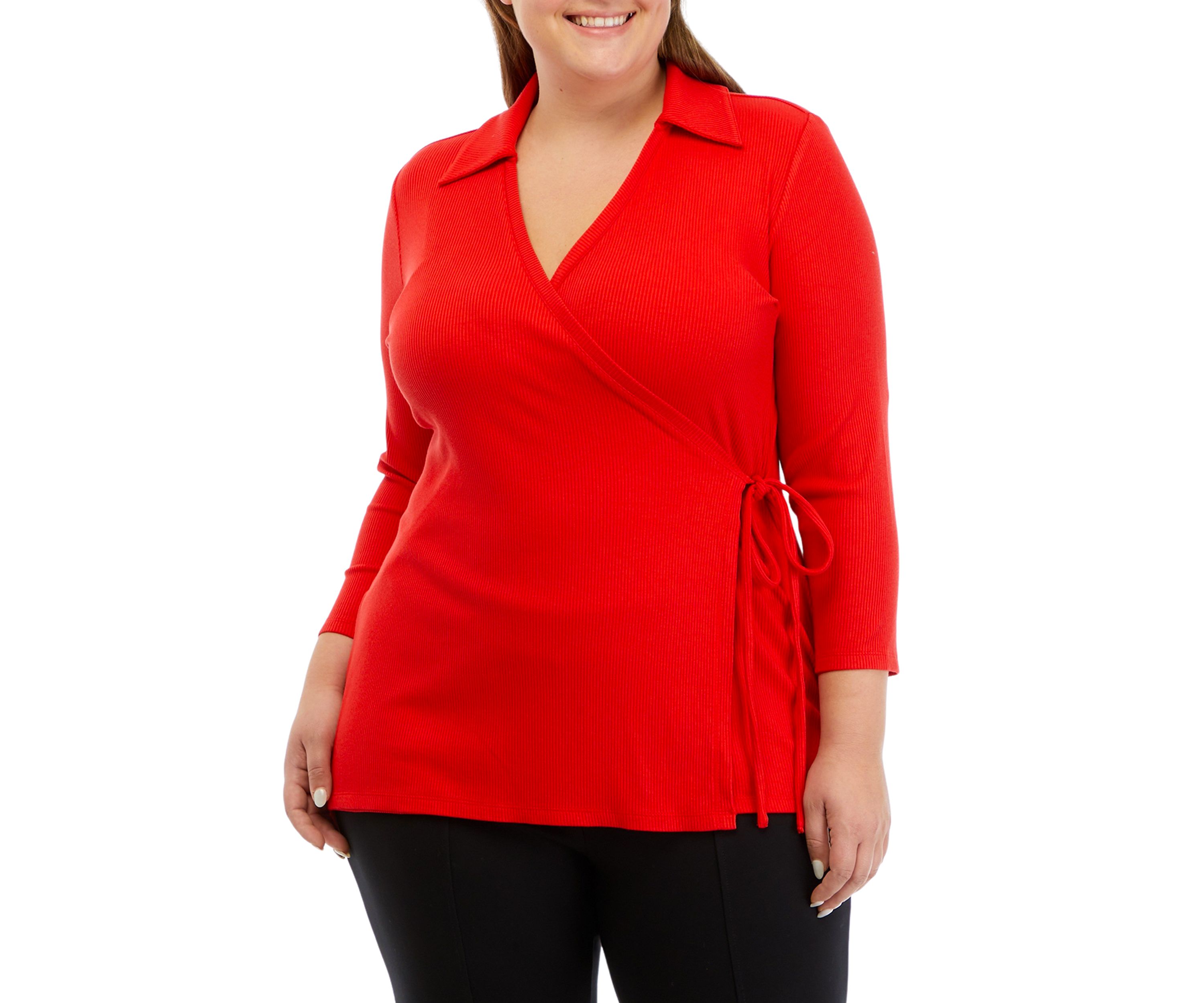 Plus Size 3/4 Sleeve Wrap Top with Collar