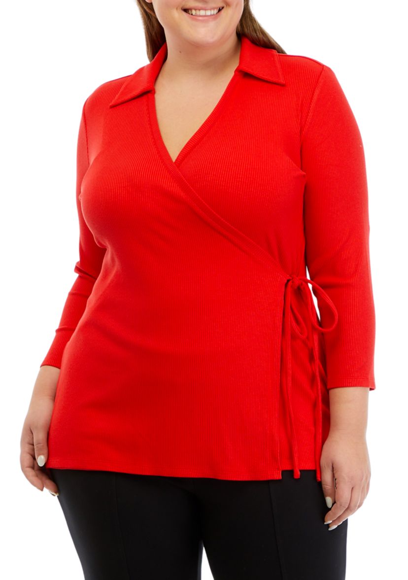 Plus Size 3/4 Sleeve Wrap Top with Collar