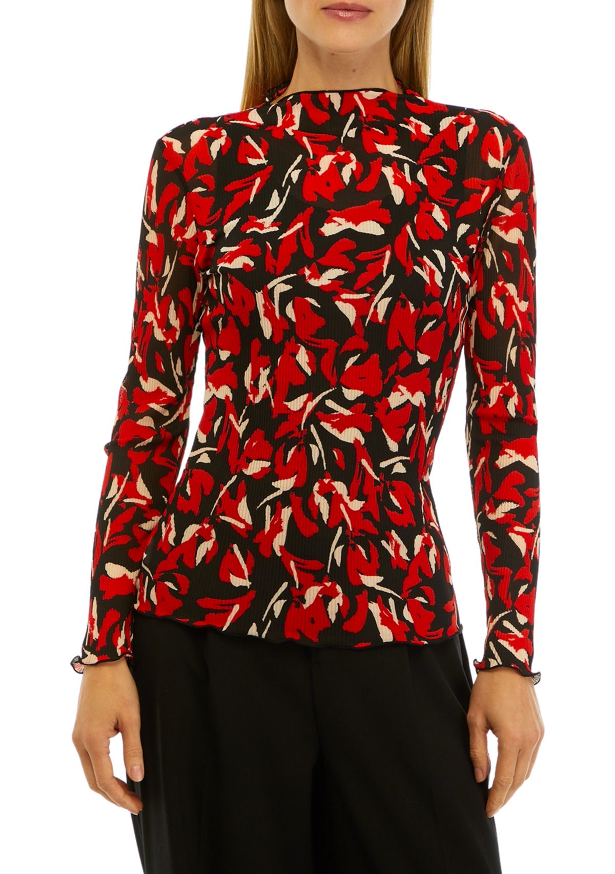 Womens Floral Print Mesh Funnel Neck Top