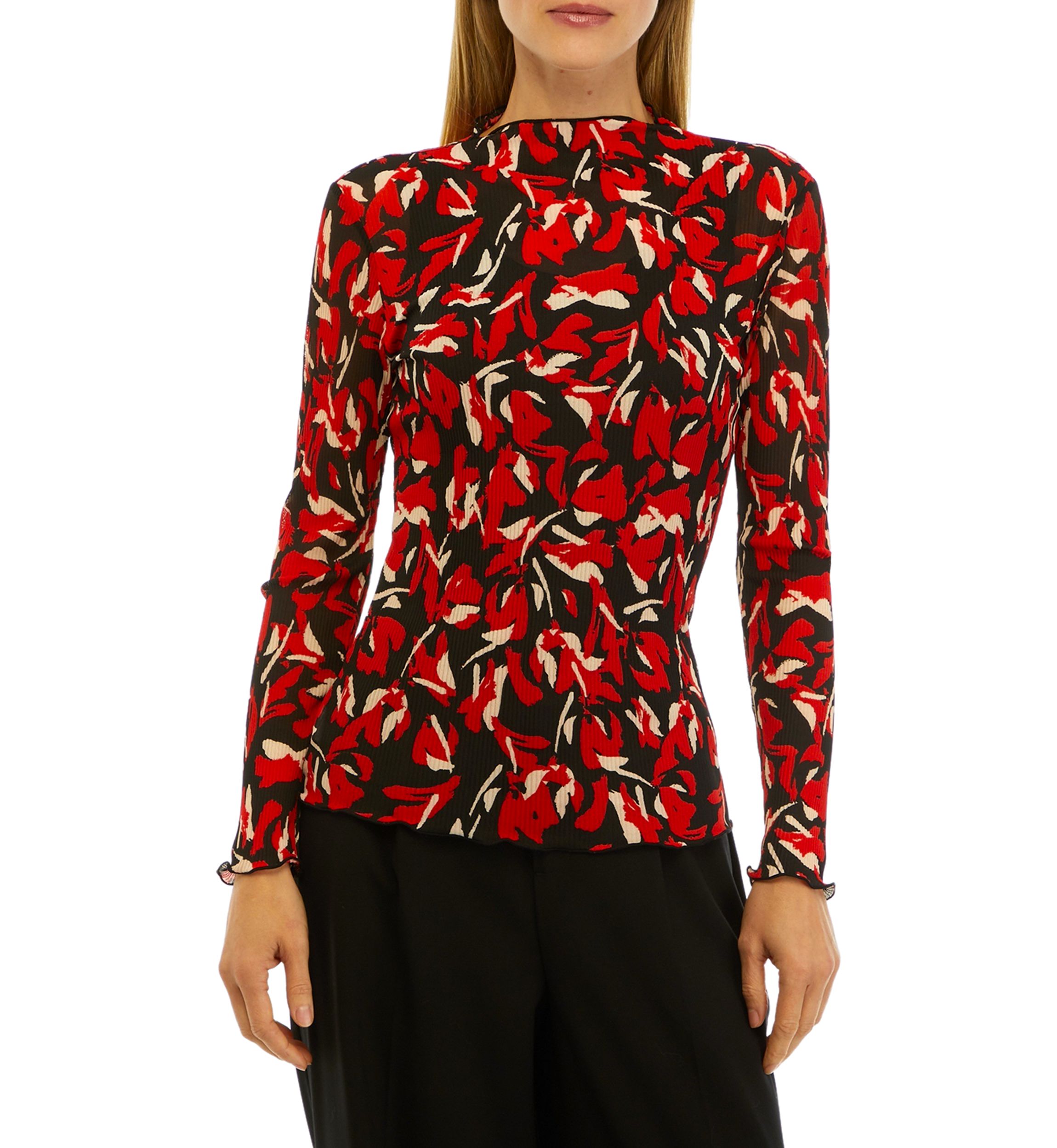 Womens Floral Print Mesh Funnel Neck Top
