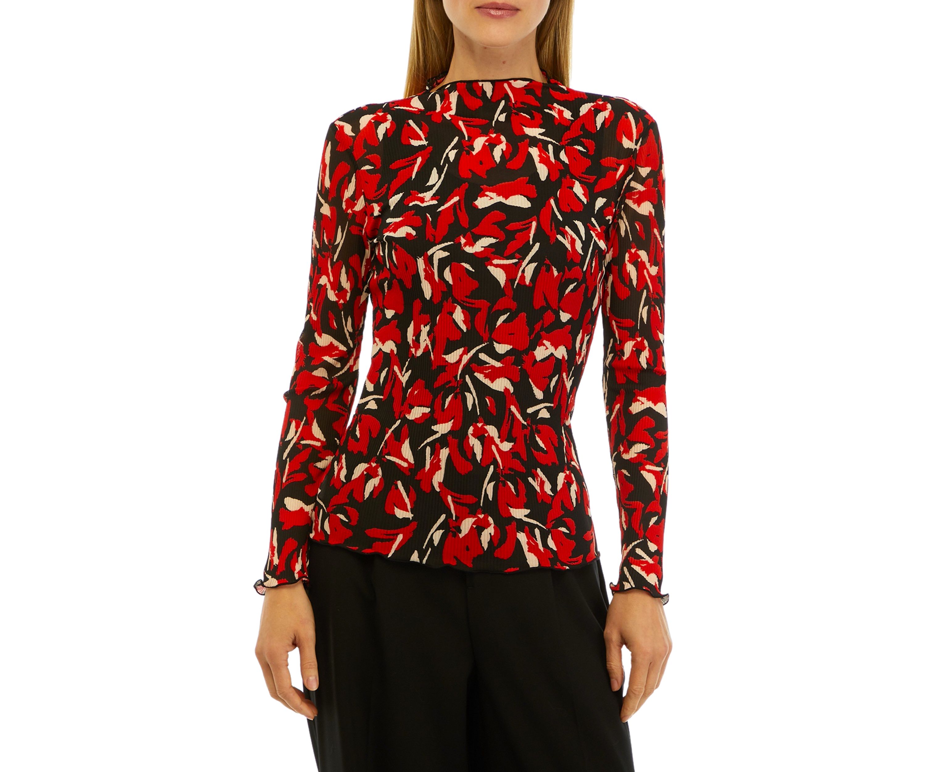 Womens Floral Print Mesh Funnel Neck Top