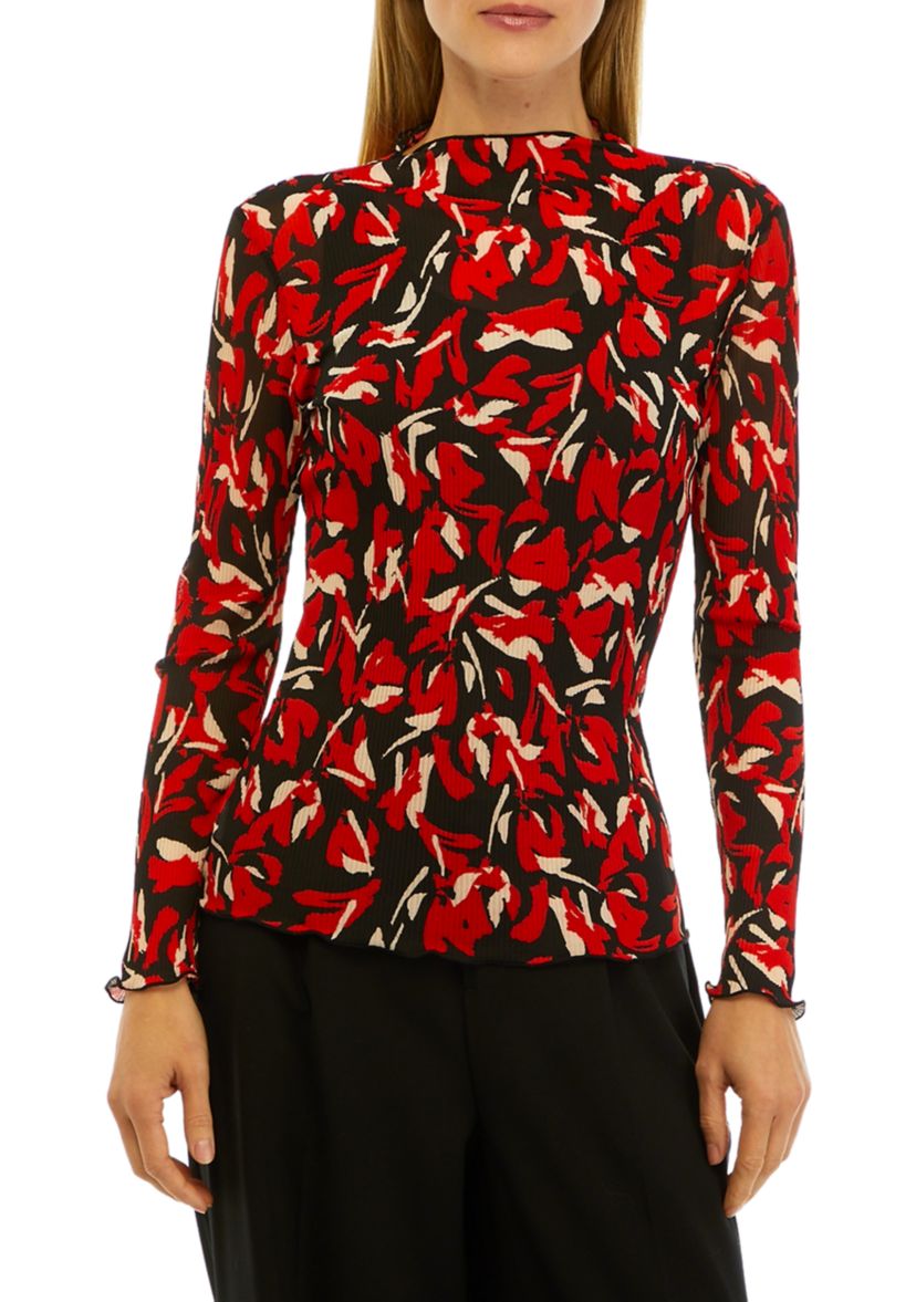 Womens Floral Print Mesh Funnel Neck Top