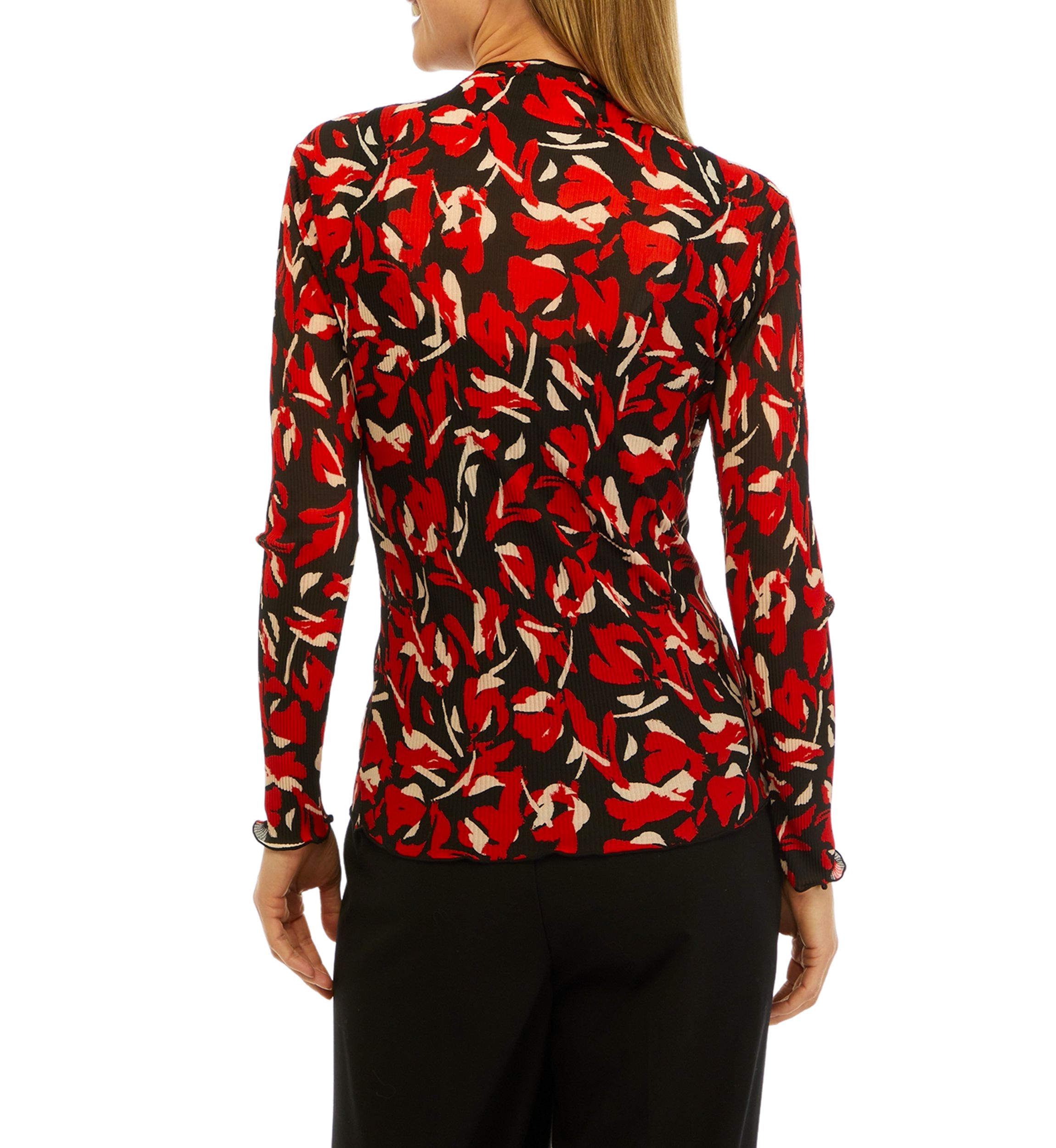 Womens Floral Print Mesh Funnel Neck Top