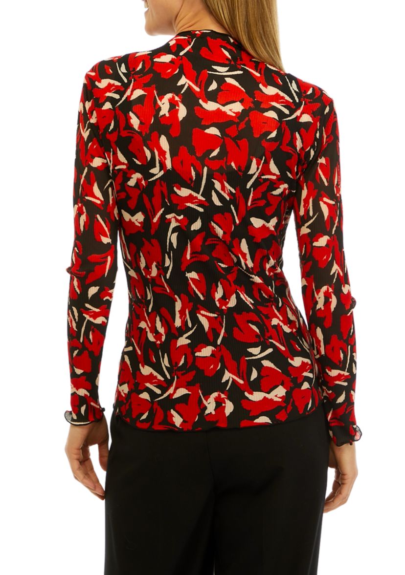 Womens Floral Print Mesh Funnel Neck Top