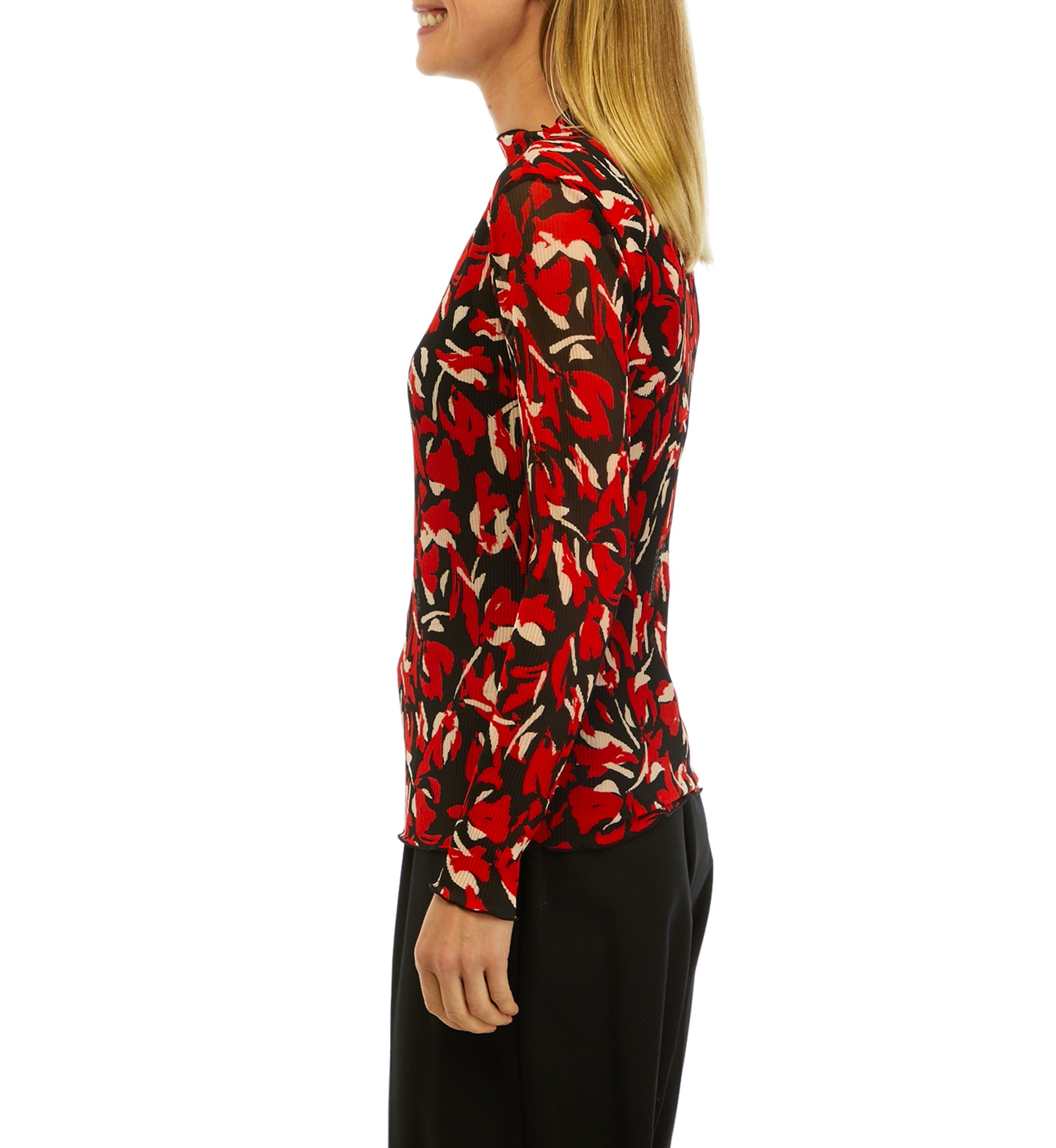 Womens Floral Print Mesh Funnel Neck Top