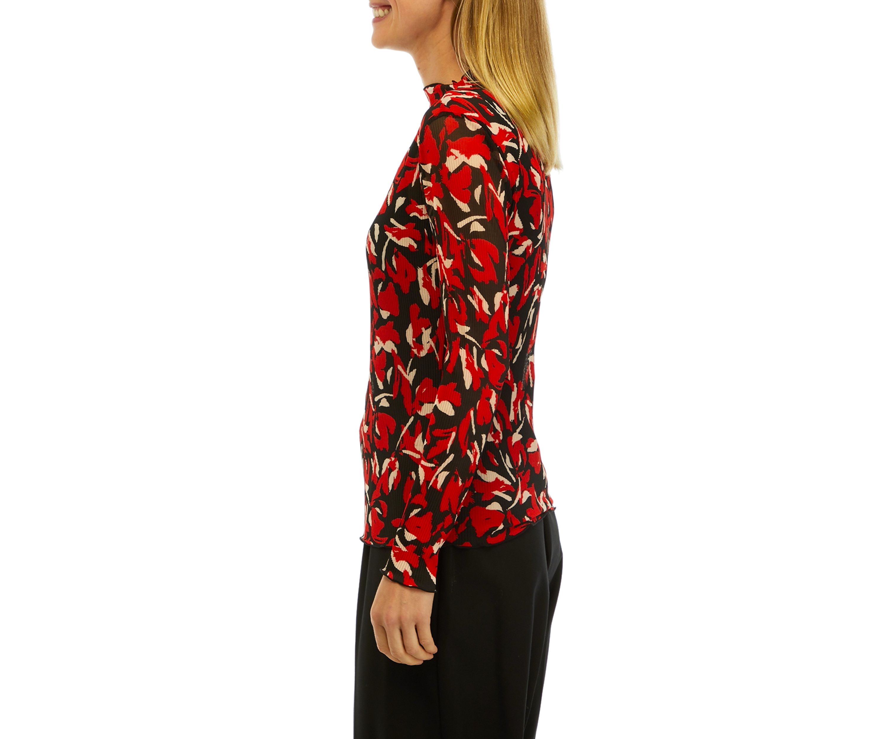 Womens Floral Print Mesh Funnel Neck Top
