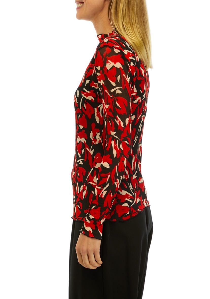 Womens Floral Print Mesh Funnel Neck Top