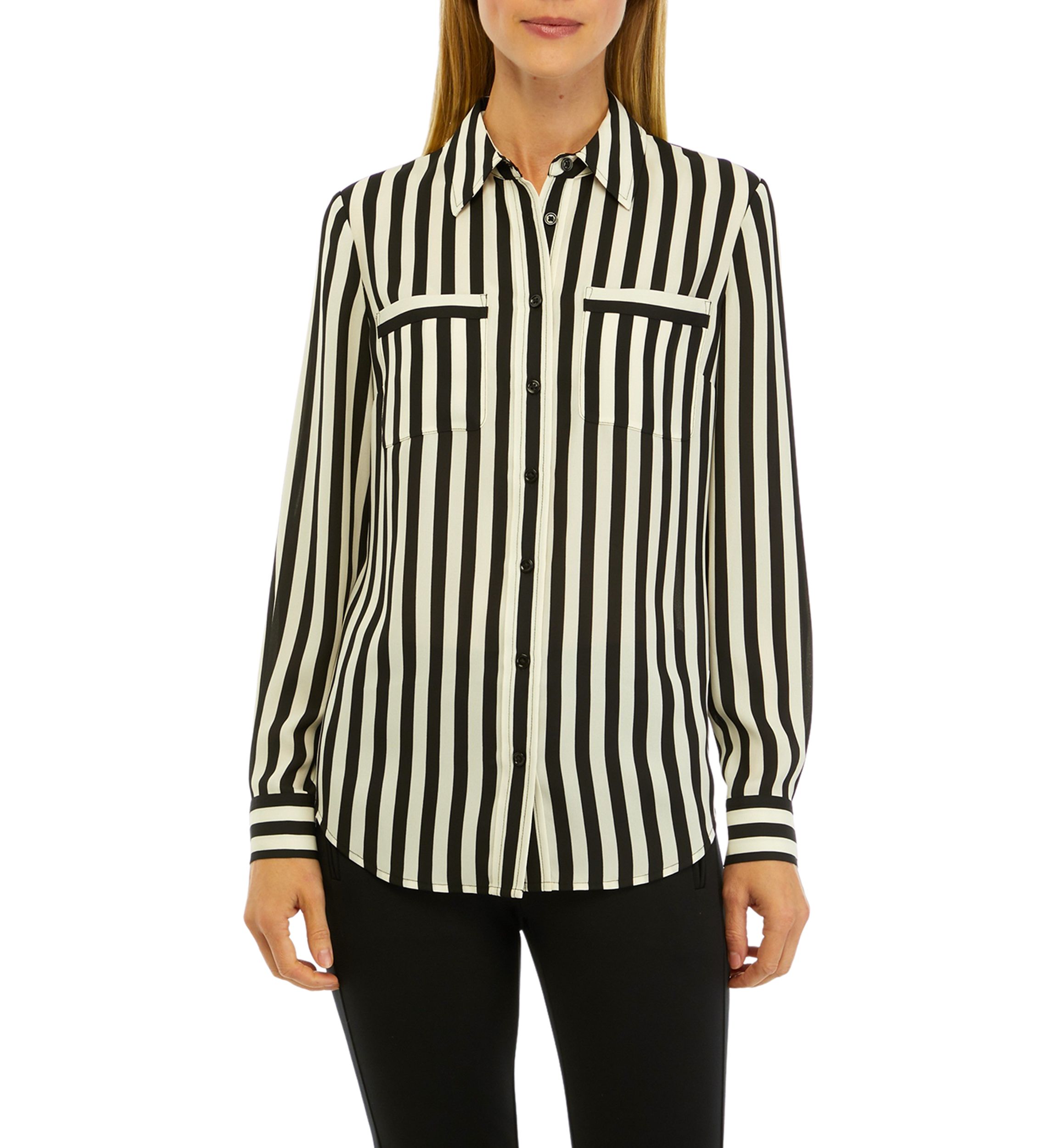 Womens Stripe Long Sleeve Button Front Blouse