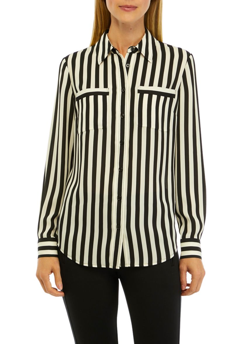Womens Stripe Long Sleeve Button Front Blouse