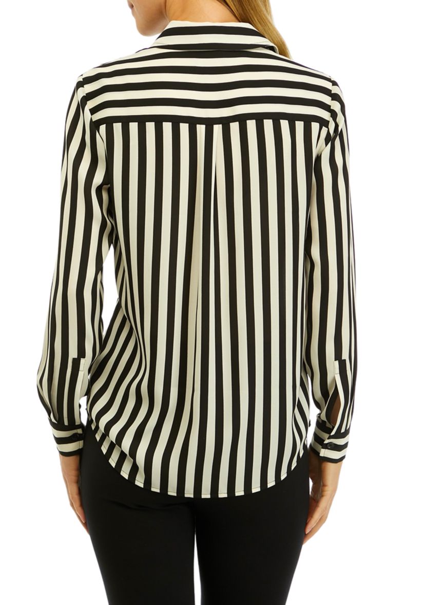 Womens Stripe Long Sleeve Button Front Blouse