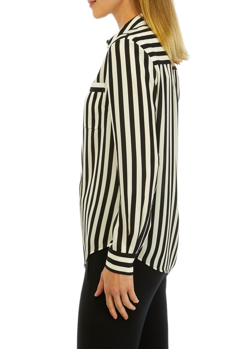 Womens Stripe Long Sleeve Button Front Blouse