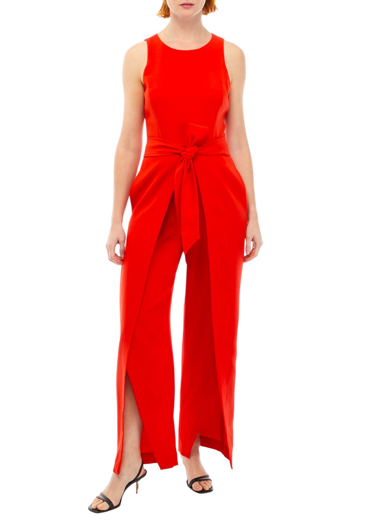 Womens Crepe Belted Jumpsuit with Flyaway Pants