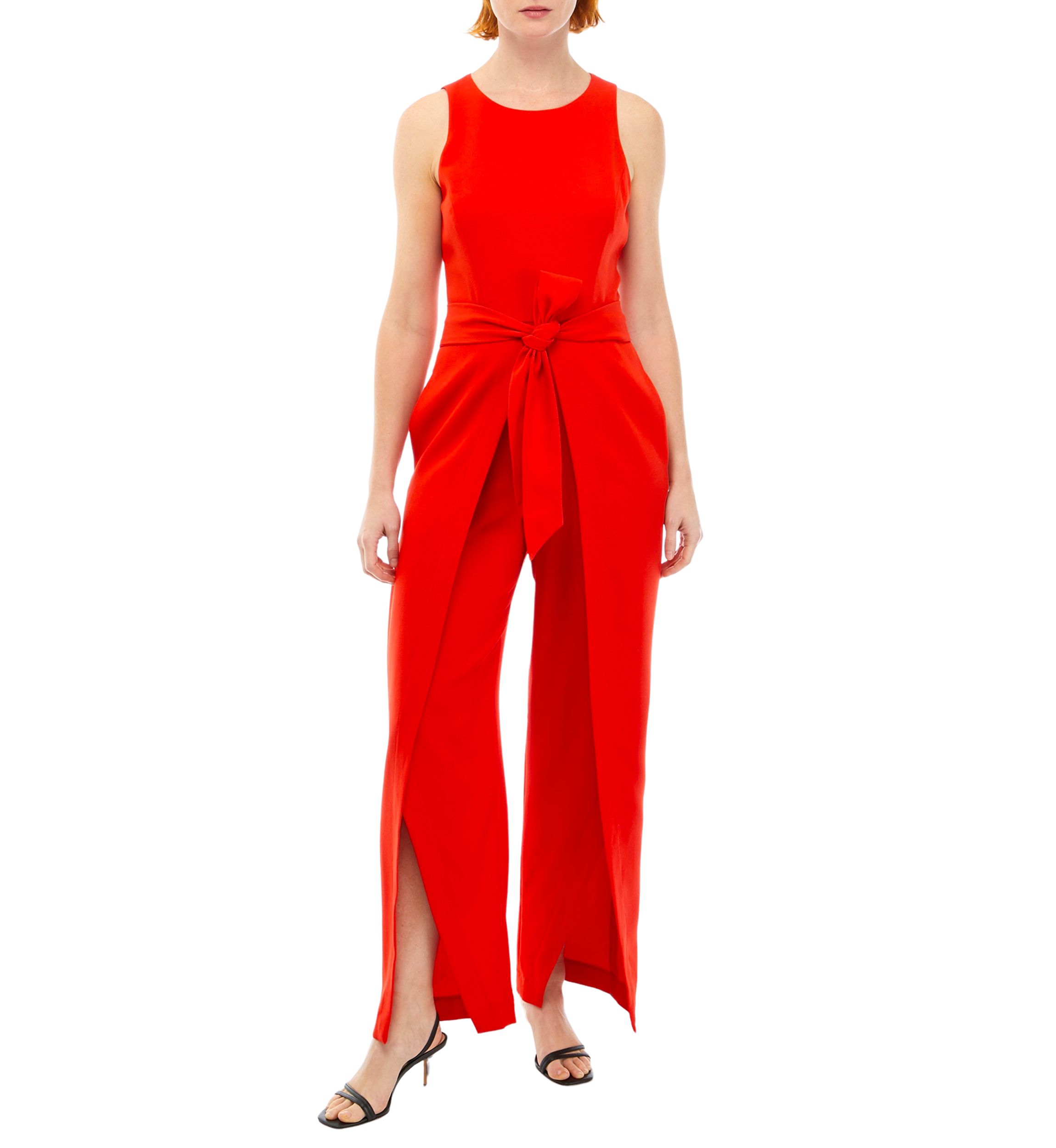 Womens Crepe Belted Jumpsuit with Flyaway Pants