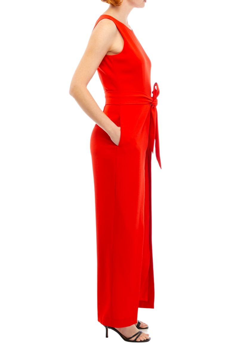 Womens Crepe Belted Jumpsuit with Flyaway Pants