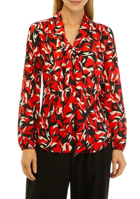 THE LIMITED Women's Petite Floral Print Long Sleeve Bow Blouse