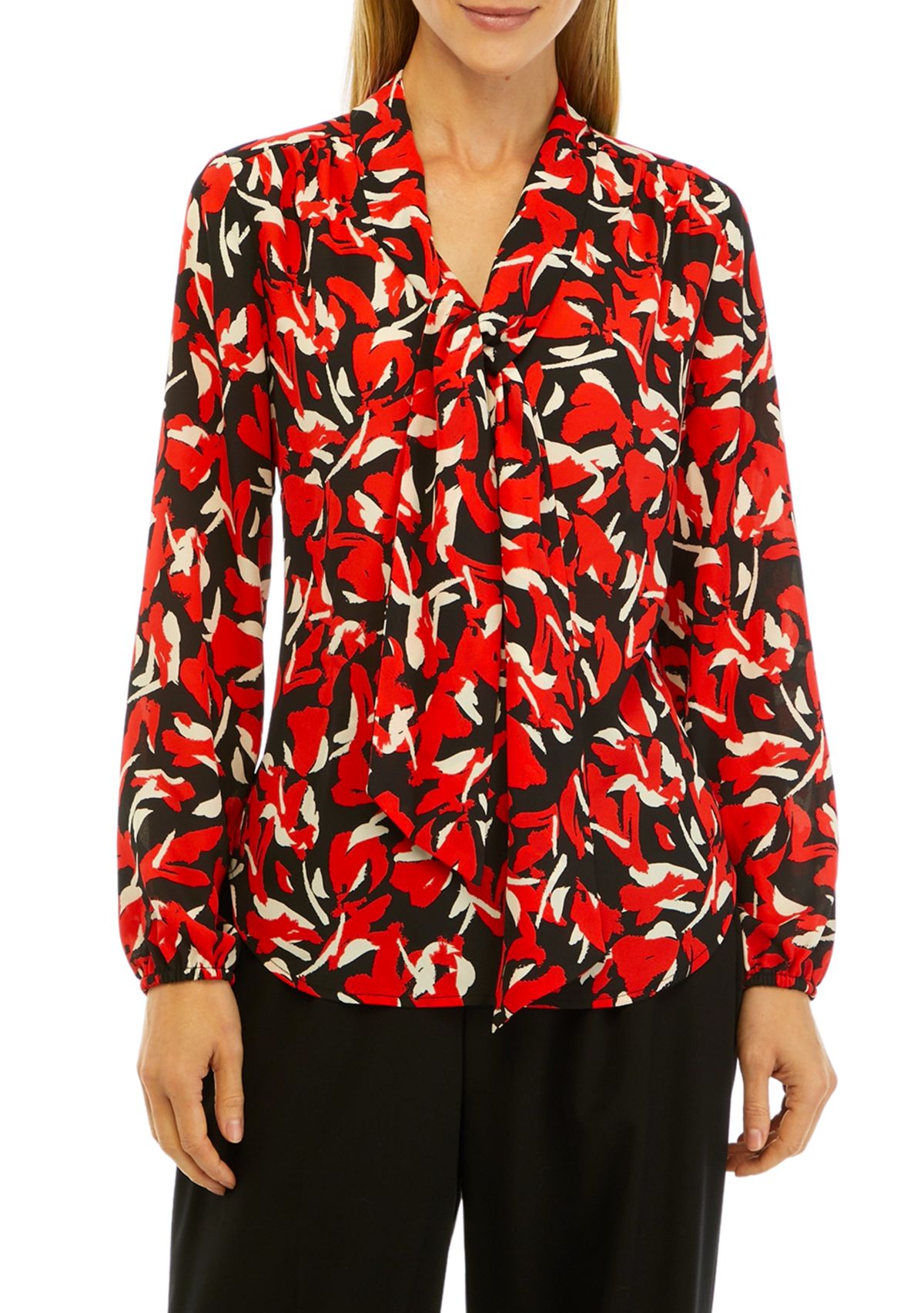 Petite Floral Print Long Sleeve Bow Blouse