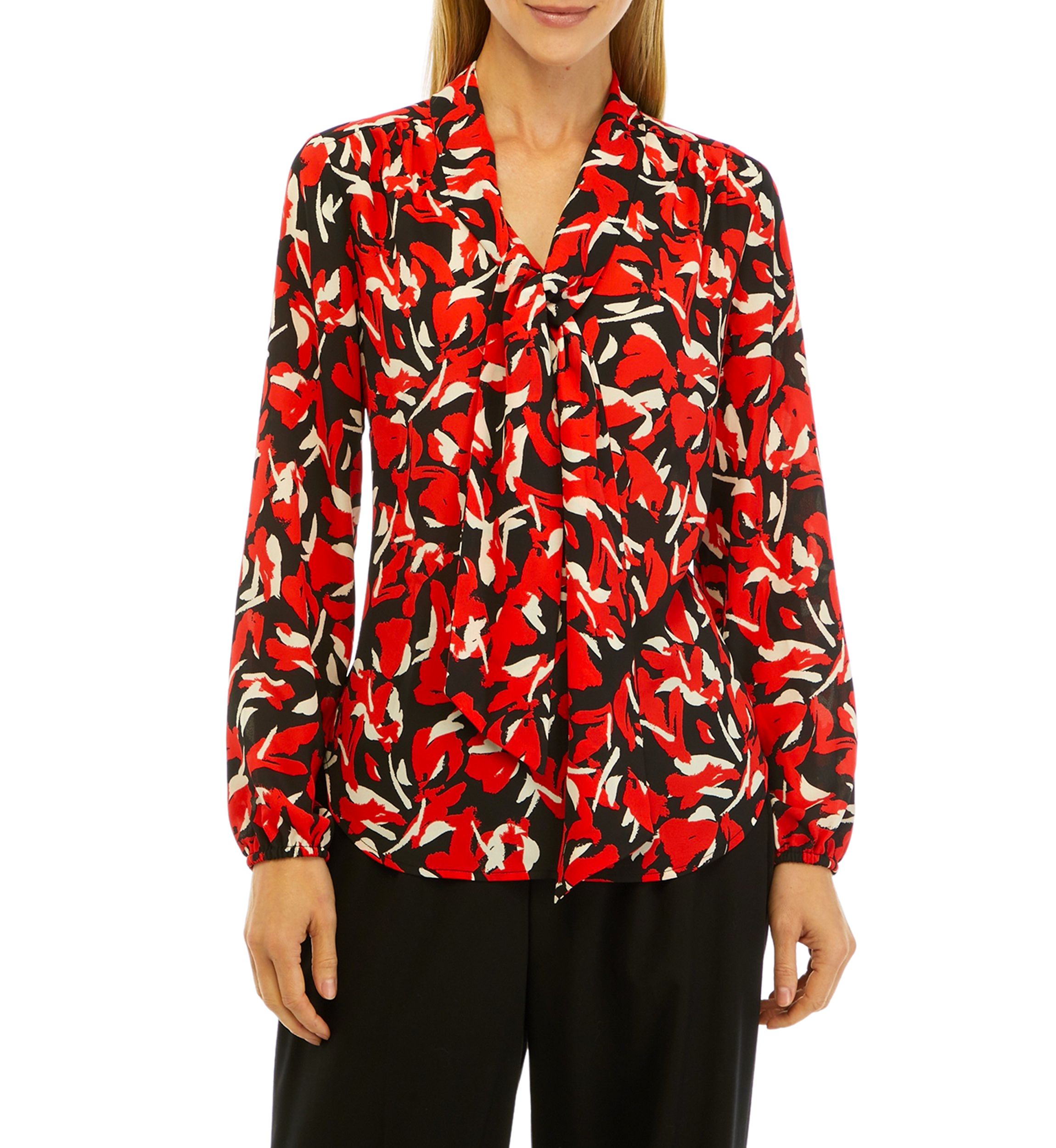 Petite Floral Print Long Sleeve Bow Blouse
