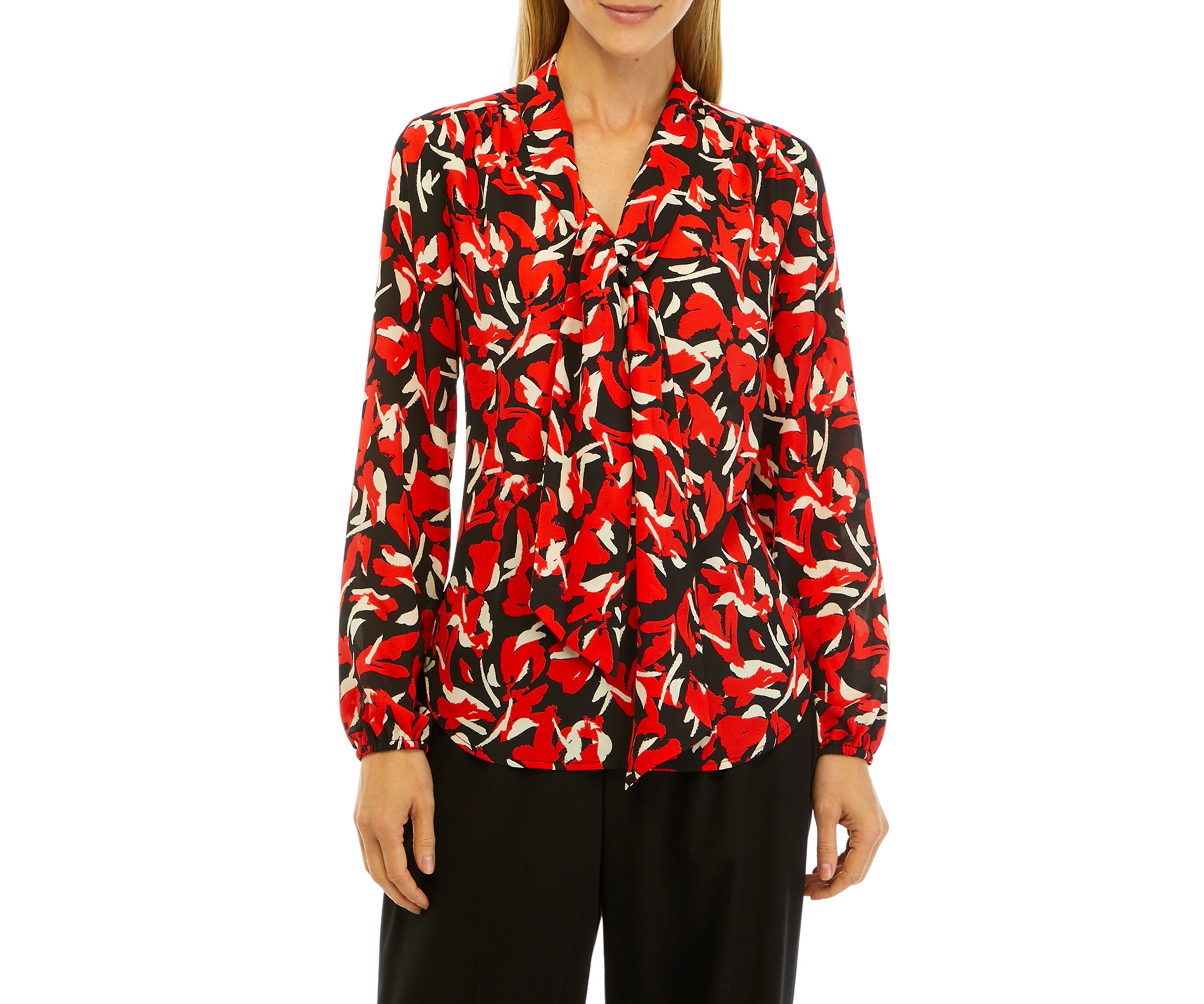 Petite Floral Print Long Sleeve Bow Blouse