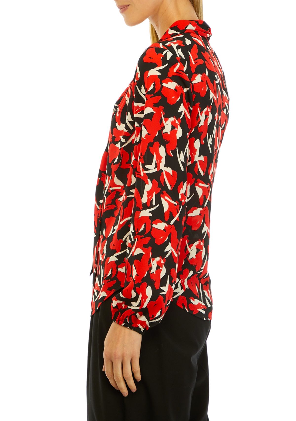 Petite Floral Print Long Sleeve Bow Blouse