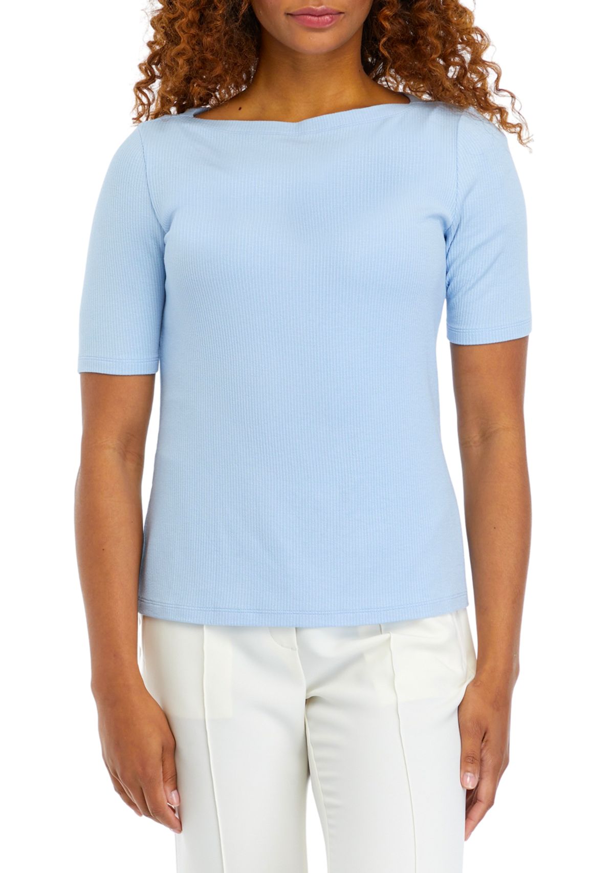 Womens Short Sleeve Boat Neck Ribbed Knit Top