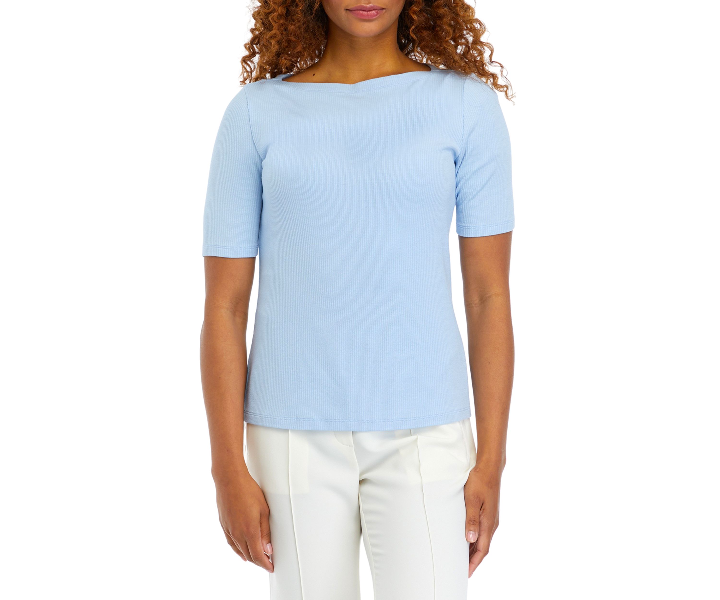 Womens Short Sleeve Boat Neck Ribbed Knit Top