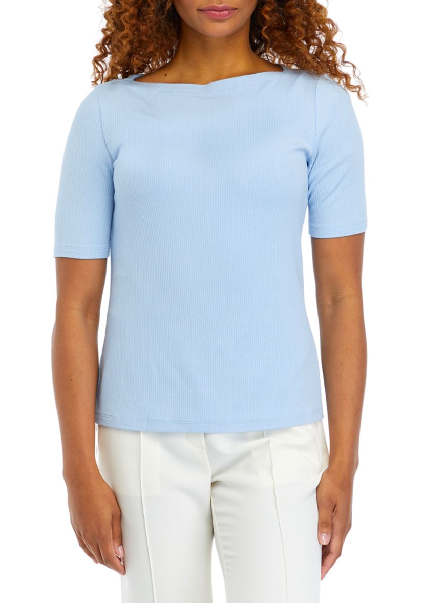 Womens Short Sleeve Boat Neck Ribbed Knit Top