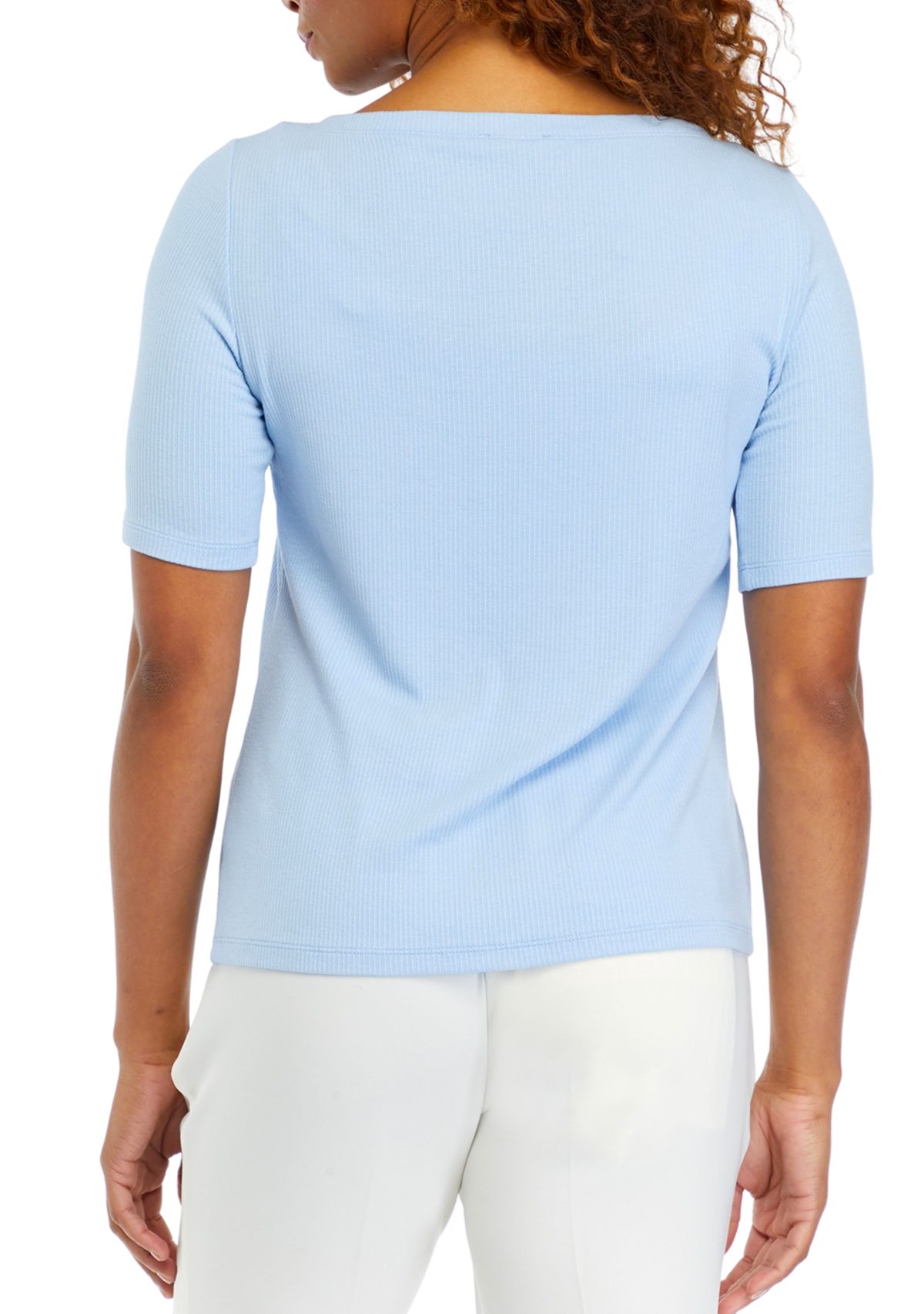 Womens Short Sleeve Boat Neck Ribbed Knit Top