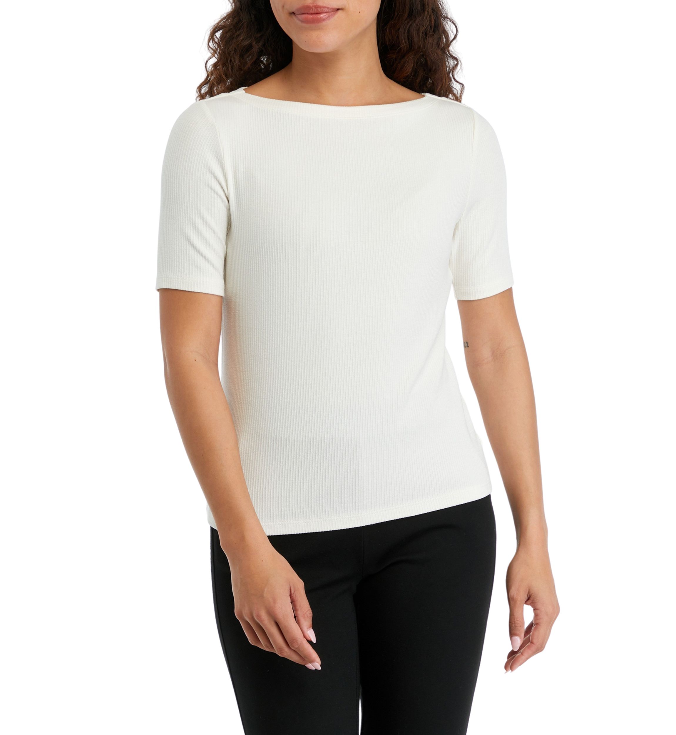 Petite Elbow Sleeve Boat Neck Rib Knit Top
