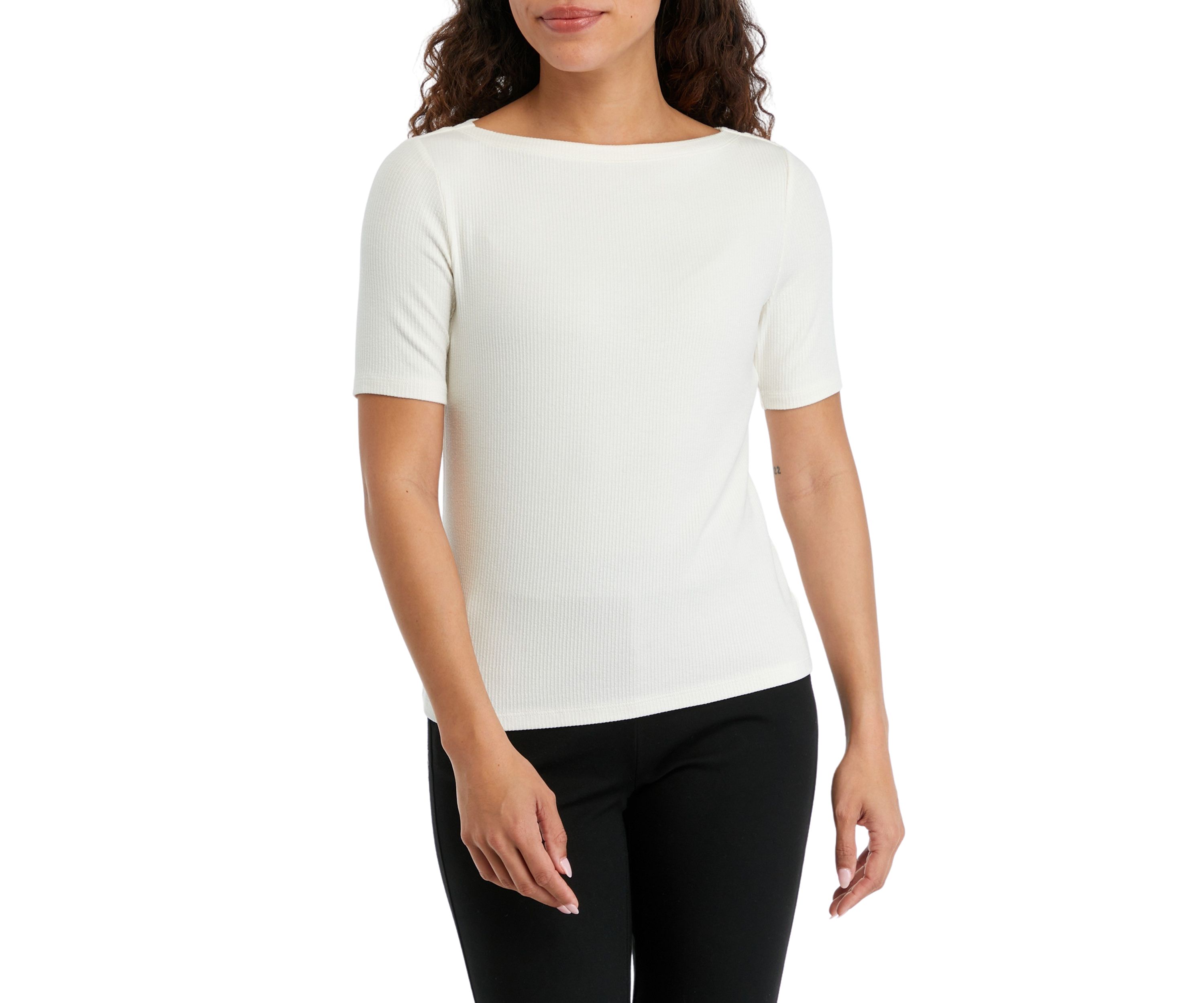 Petite Elbow Sleeve Boat Neck Rib Knit Top