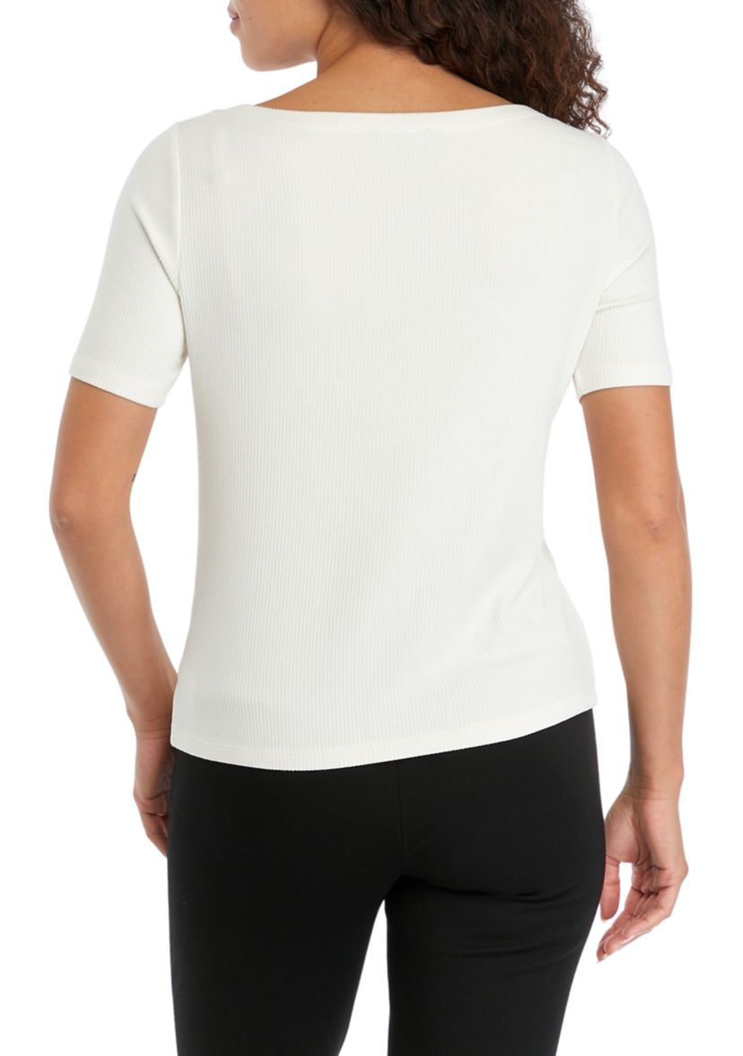 Petite Elbow Sleeve Boat Neck Rib Knit Top