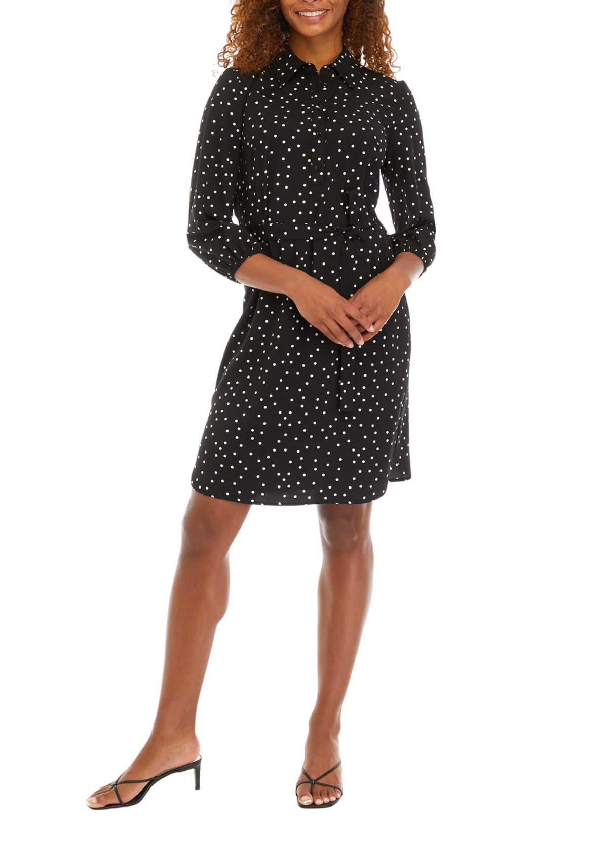 Womens Dot Print Belted Shirtdress