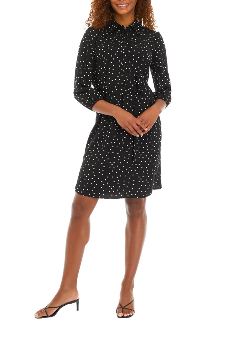 Womens Dot Print Belted Shirtdress