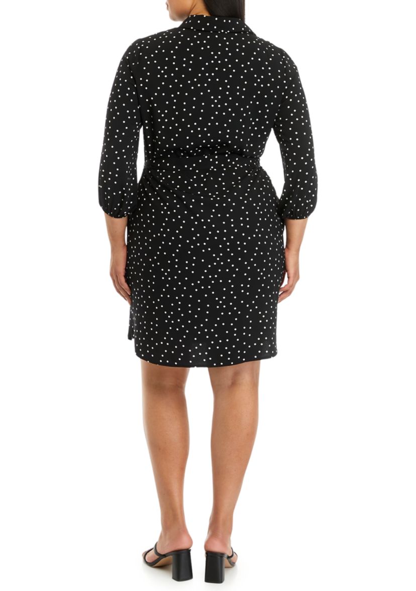 Plus Size Dot Printed Belted Shirtdress