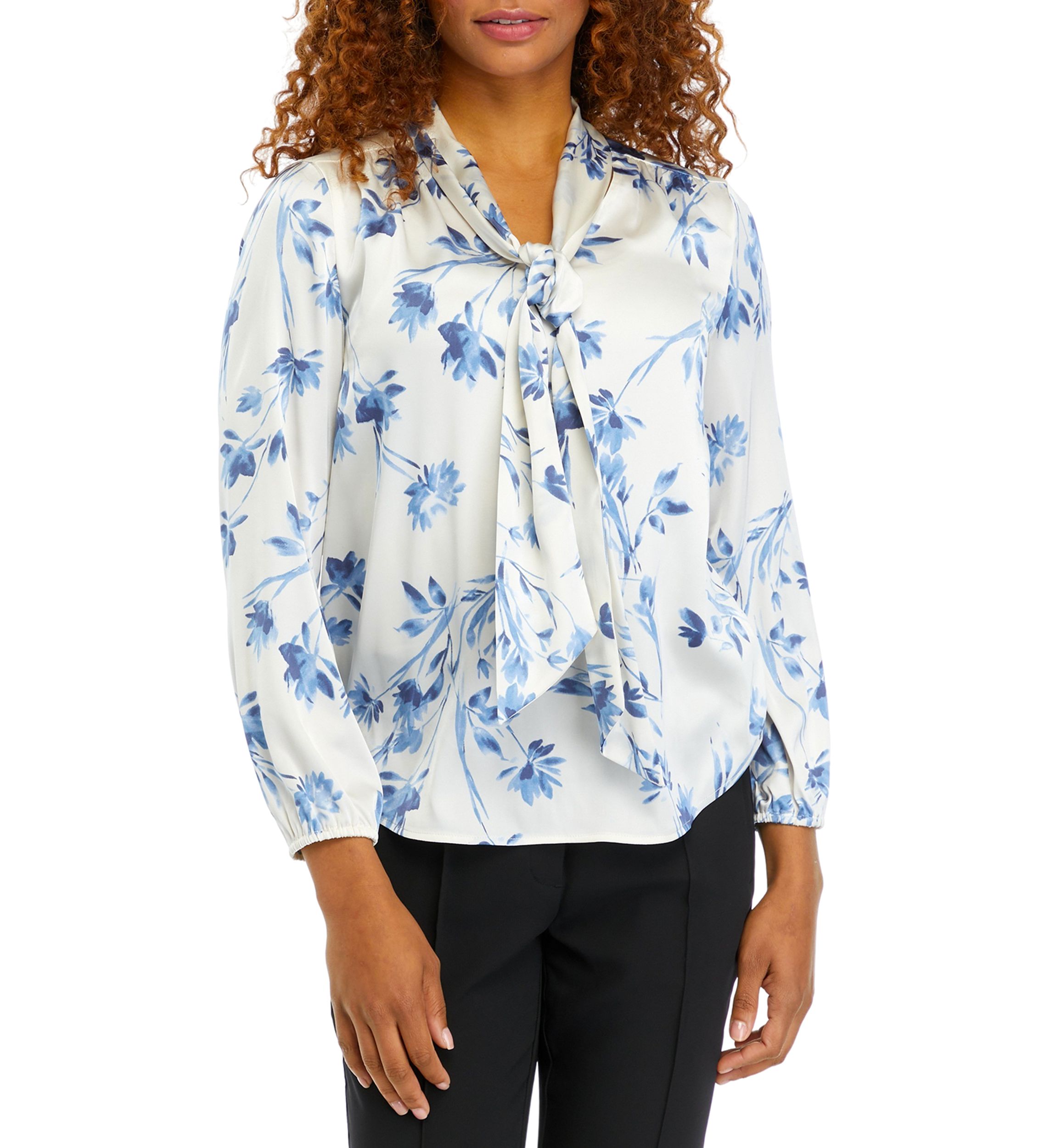 Petite Floral Print Long Sleeve Bow Blouse