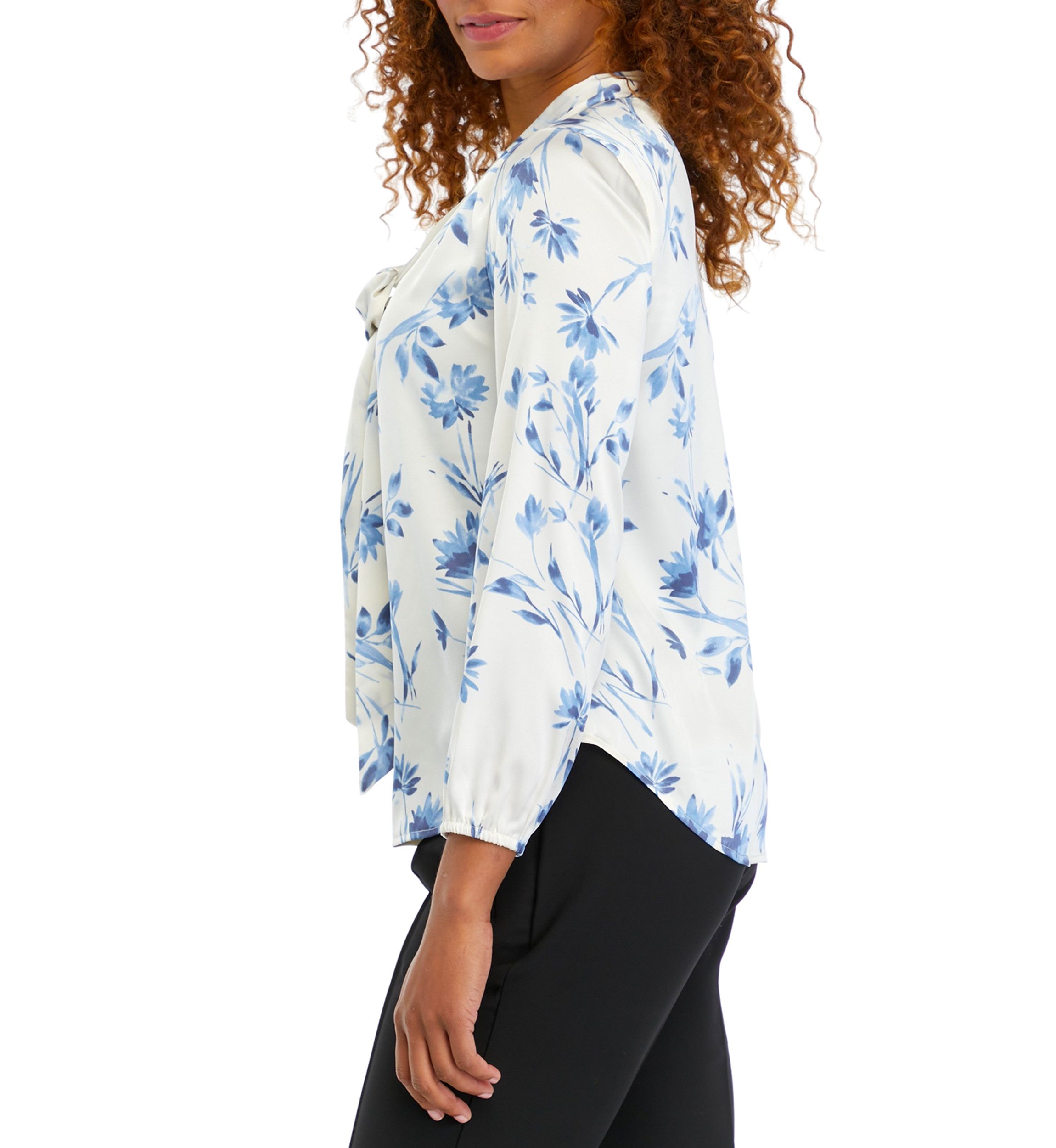 Petite Floral Print Long Sleeve Bow Blouse