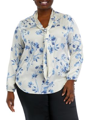 THE LIMITED Women's Plus Size Floral Print Long Sleeve Bow Blouse