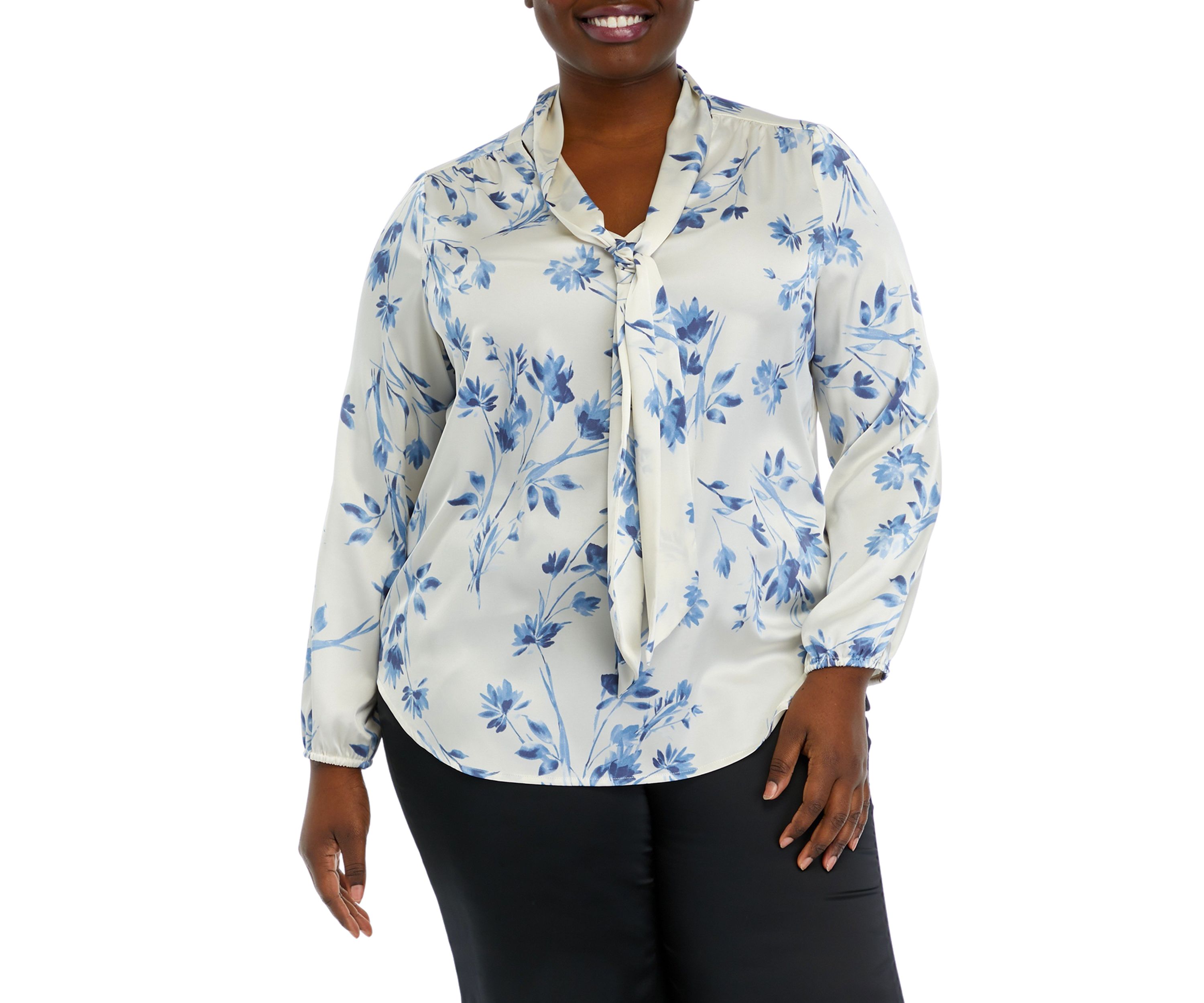 Plus Size Floral Print Long Sleeve Bow Blouse