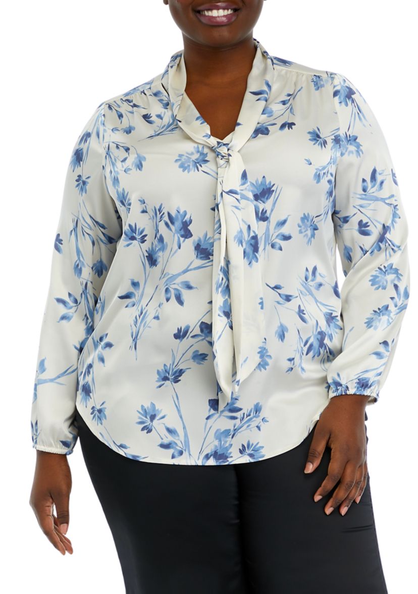 Plus Size Floral Print Long Sleeve Bow Blouse
