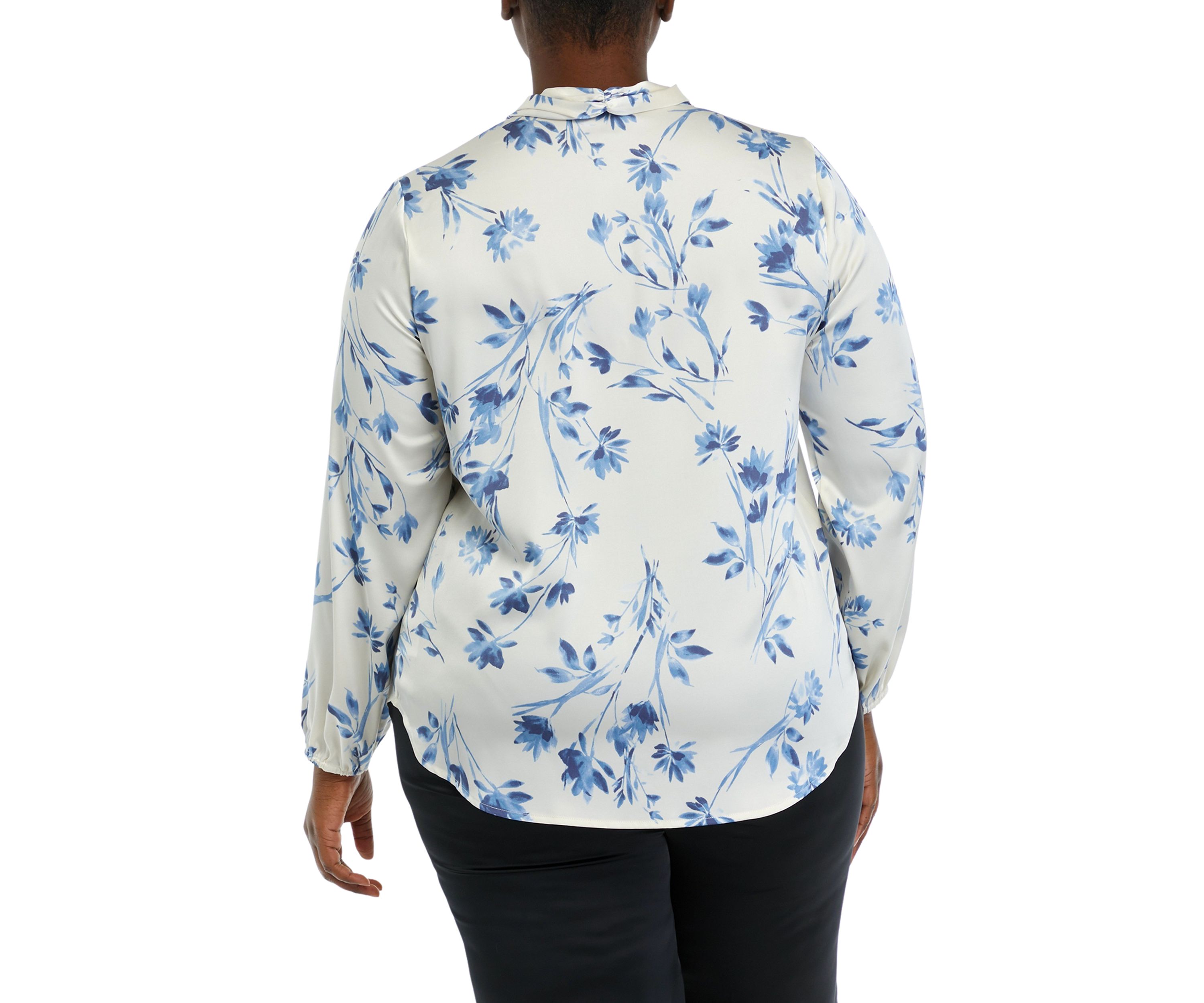 Plus Size Floral Print Long Sleeve Bow Blouse