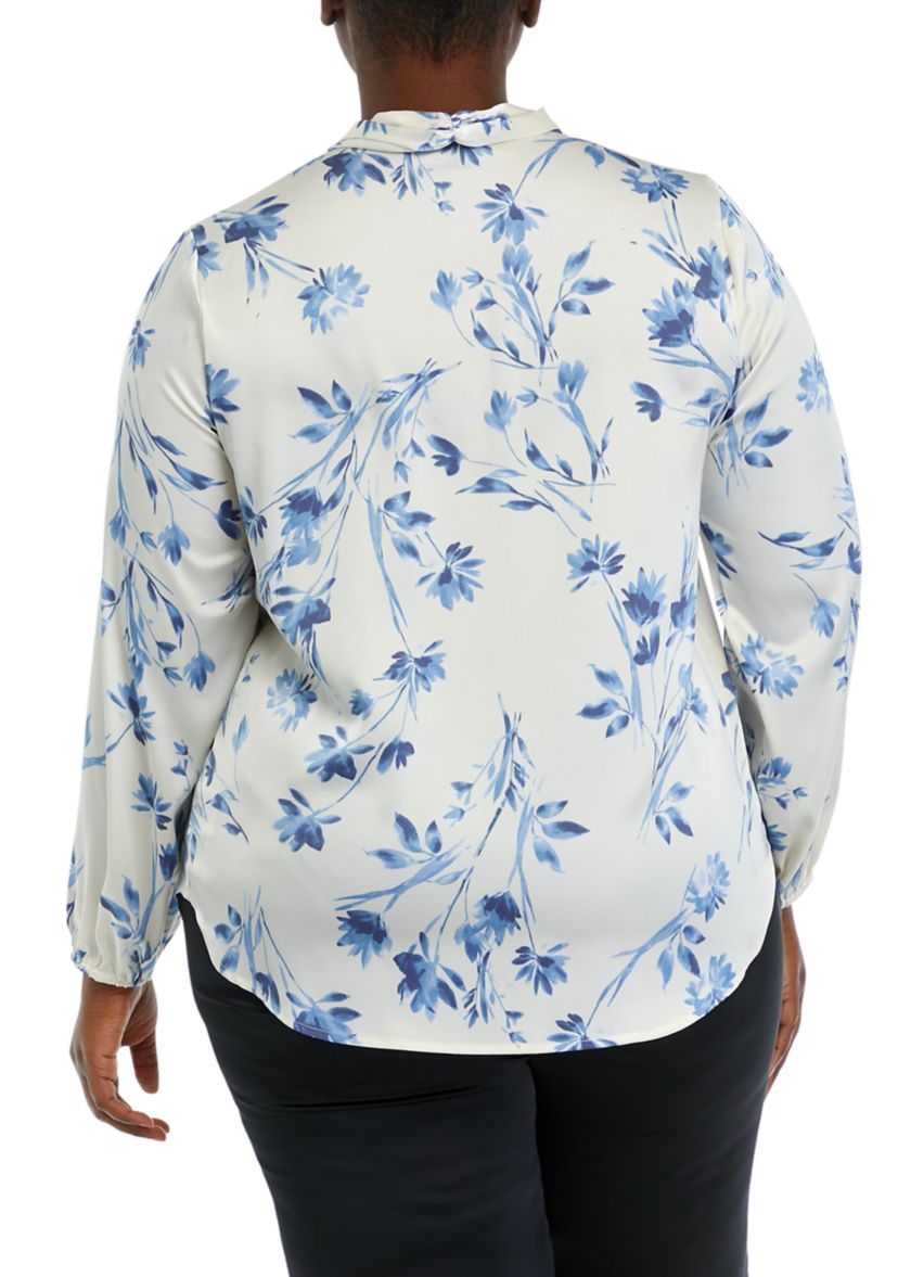 Plus Size Floral Print Long Sleeve Bow Blouse