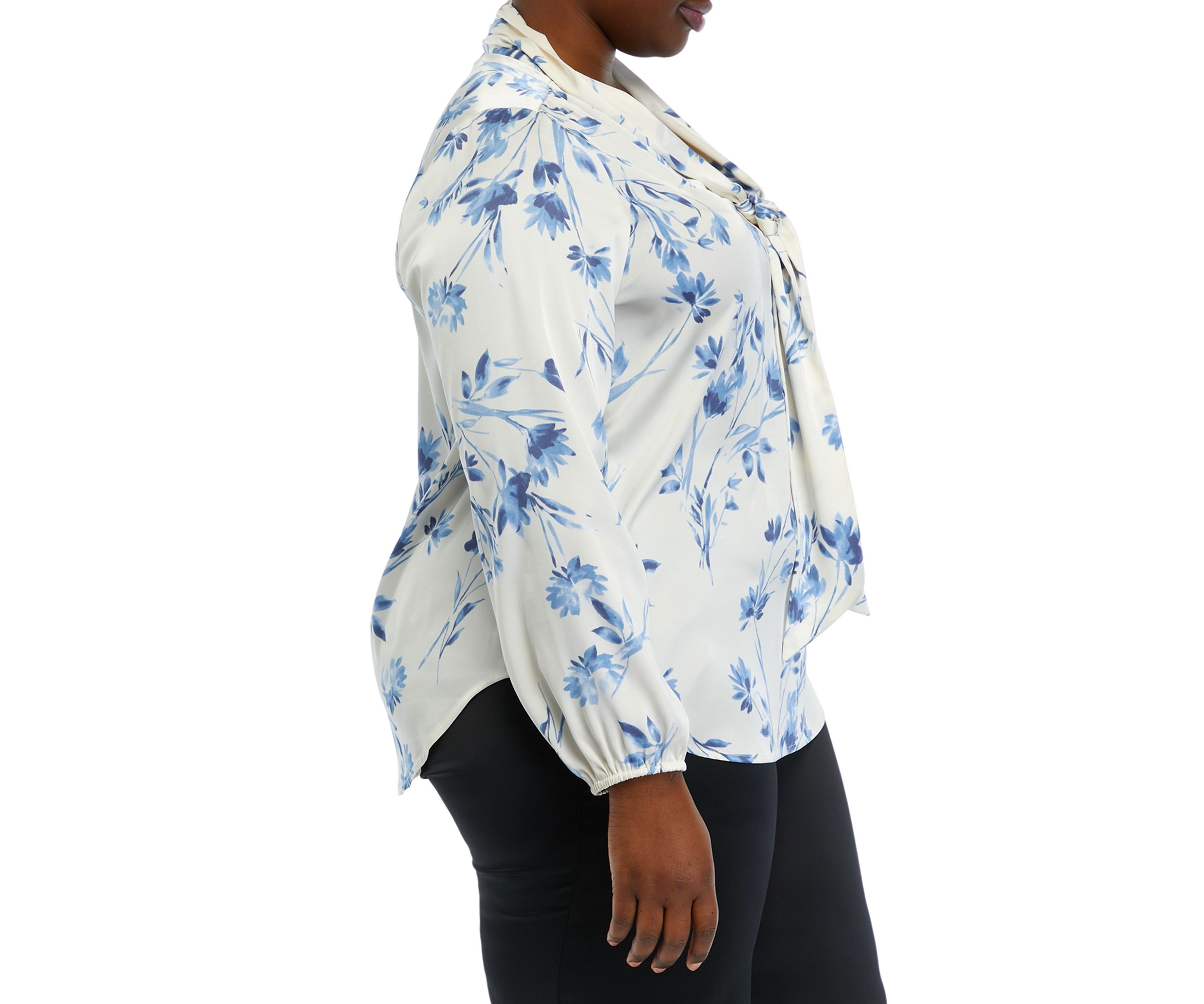 Plus Size Floral Print Long Sleeve Bow Blouse