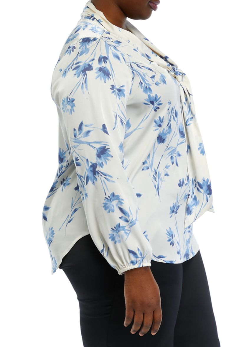 Plus Size Floral Print Long Sleeve Bow Blouse