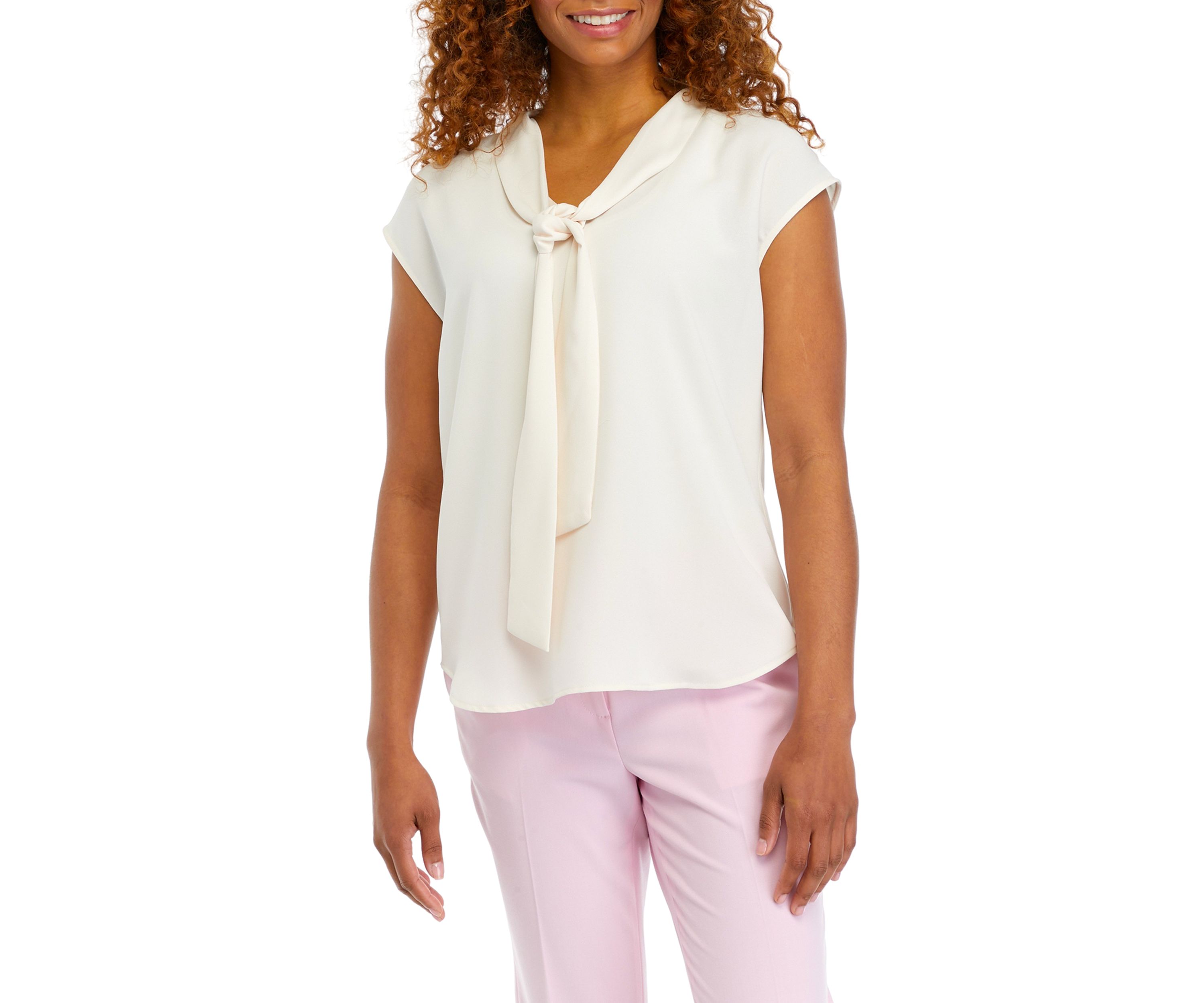Womens Crepe Short Sleeve Bow Blouse
