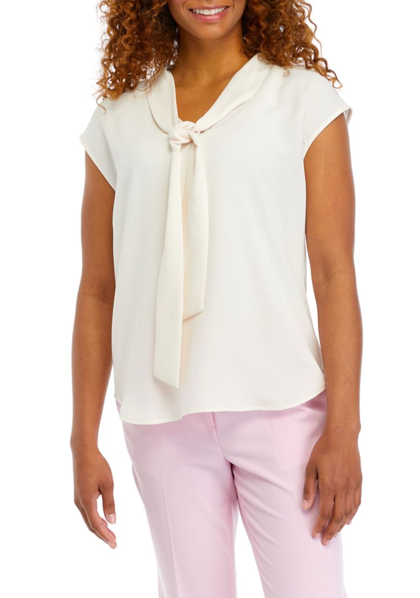 Womens Crepe Short Sleeve Bow Blouse