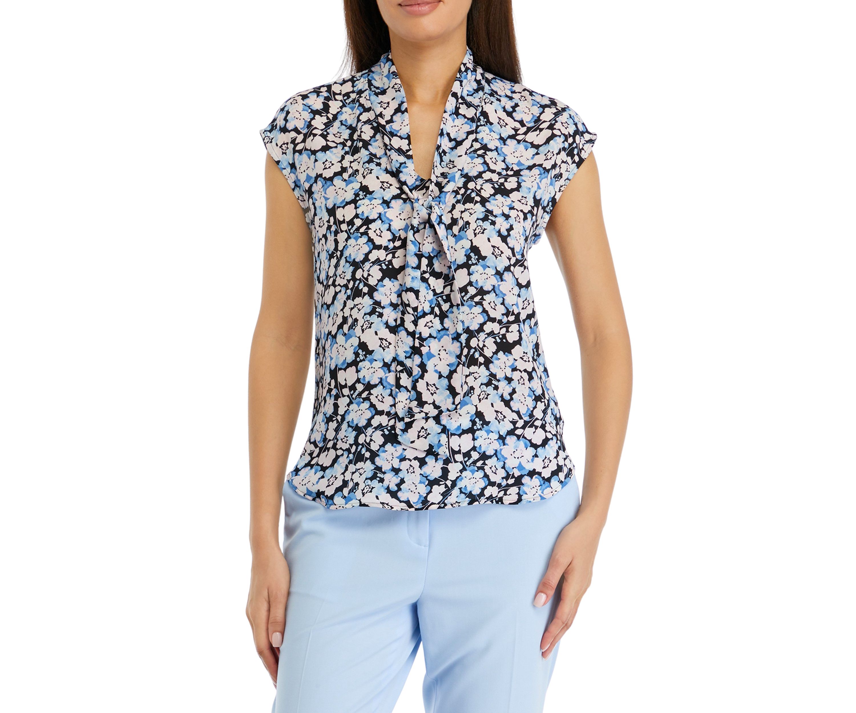 Womens Floral Printed Short Sleeve Bow Blouse