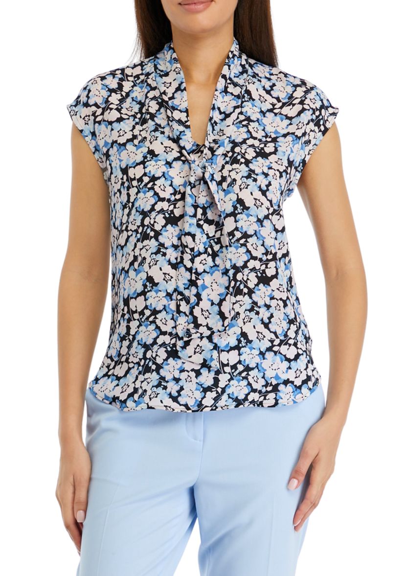 Womens Floral Printed Short Sleeve Bow Blouse