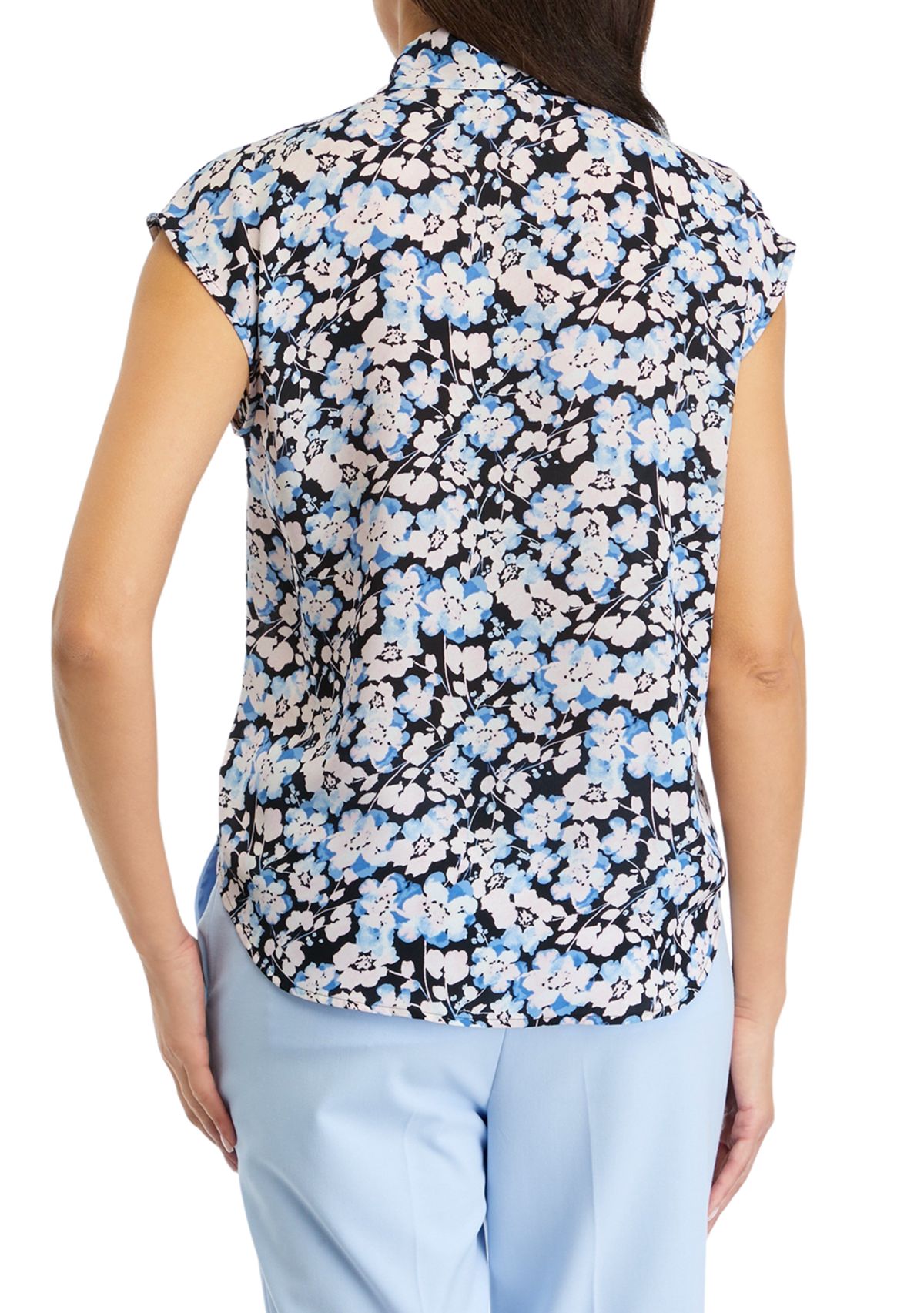 Womens Floral Printed Short Sleeve Bow Blouse