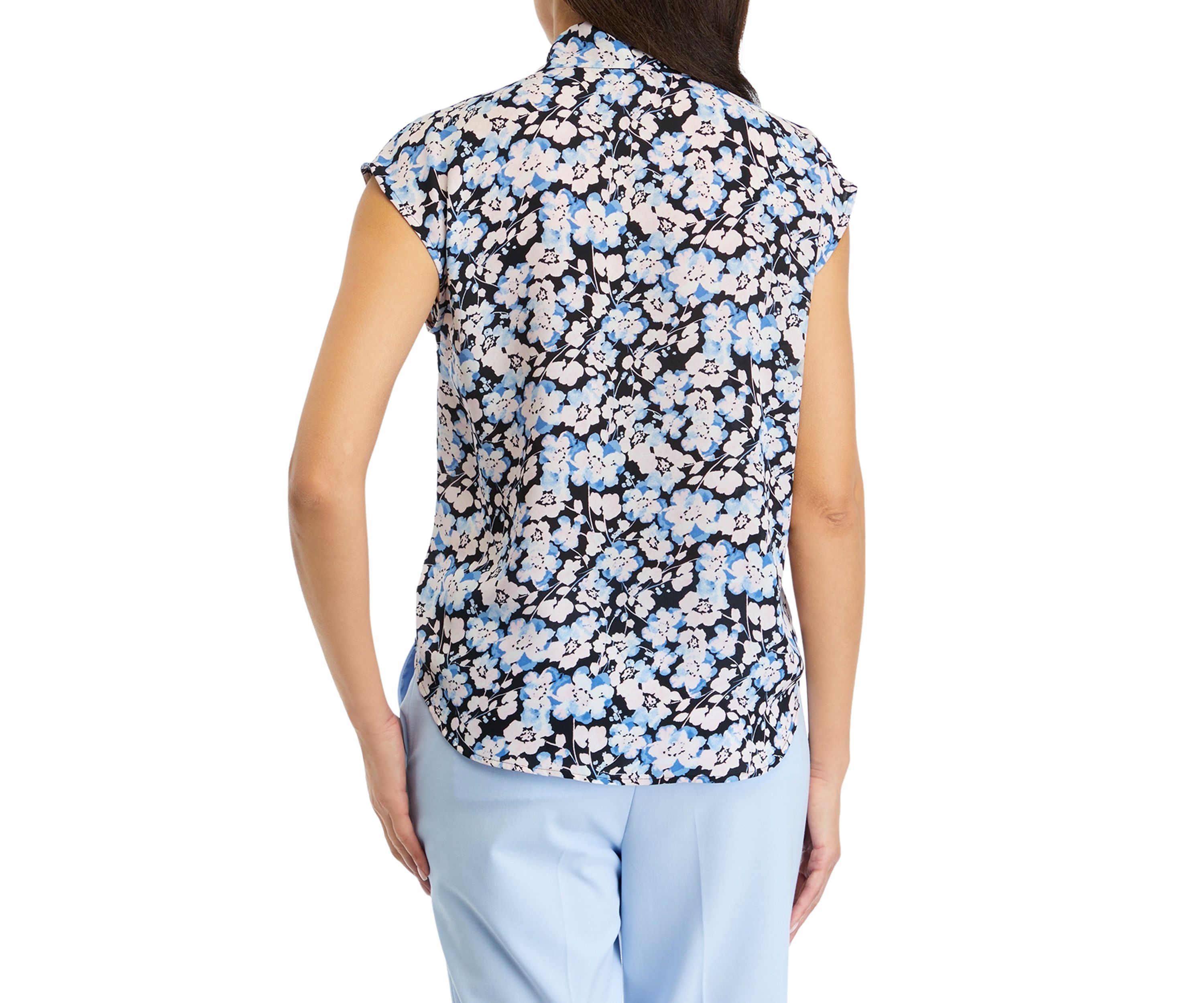 Womens Floral Printed Short Sleeve Bow Blouse