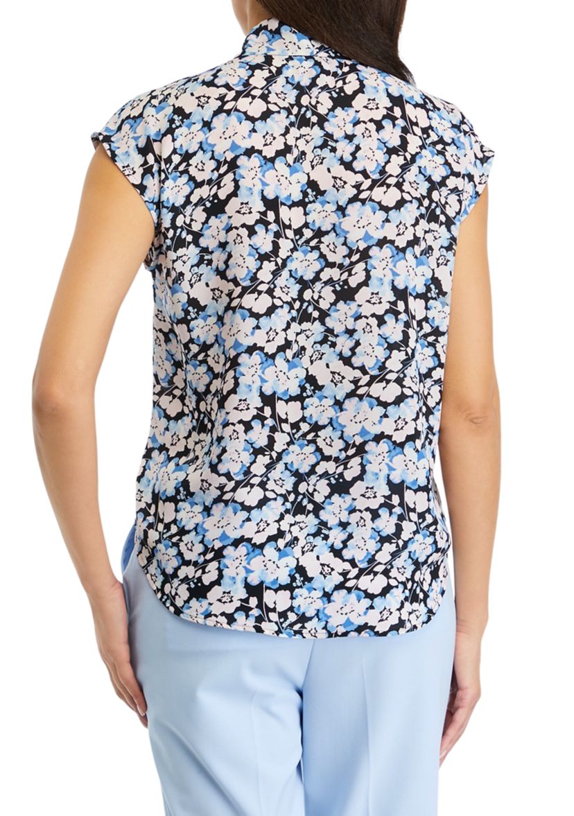 Womens Floral Printed Short Sleeve Bow Blouse