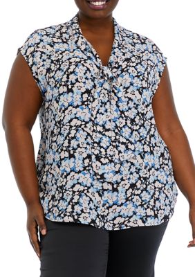 THE LIMITED Women's Plus Size Floral Print Short Sleeve Bow Blouse